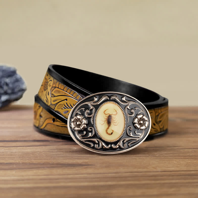 Cinturón de cuero con hebilla de escorpión luminoso y decorativo para hombre hecho a mano
