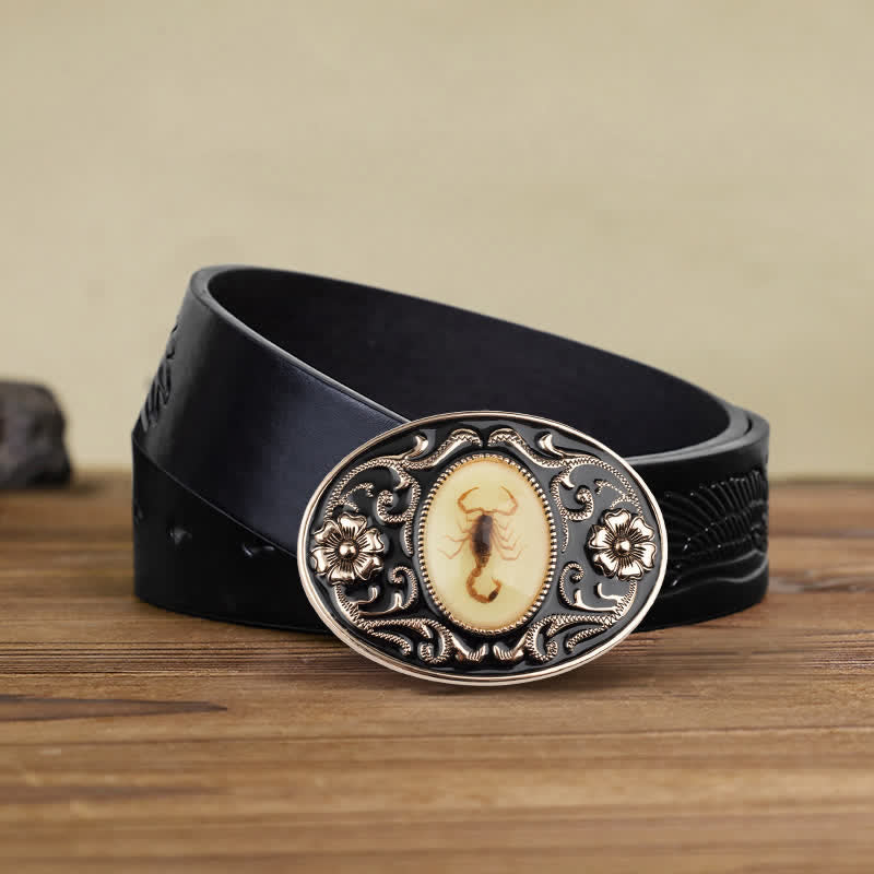 Cinturón de cuero con hebilla de escorpión luminoso y decorativo para hombre hecho a mano