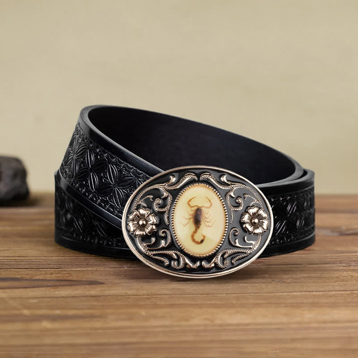 Cinturón de cuero con hebilla de escorpión luminoso y decorativo para hombre hecho a mano
