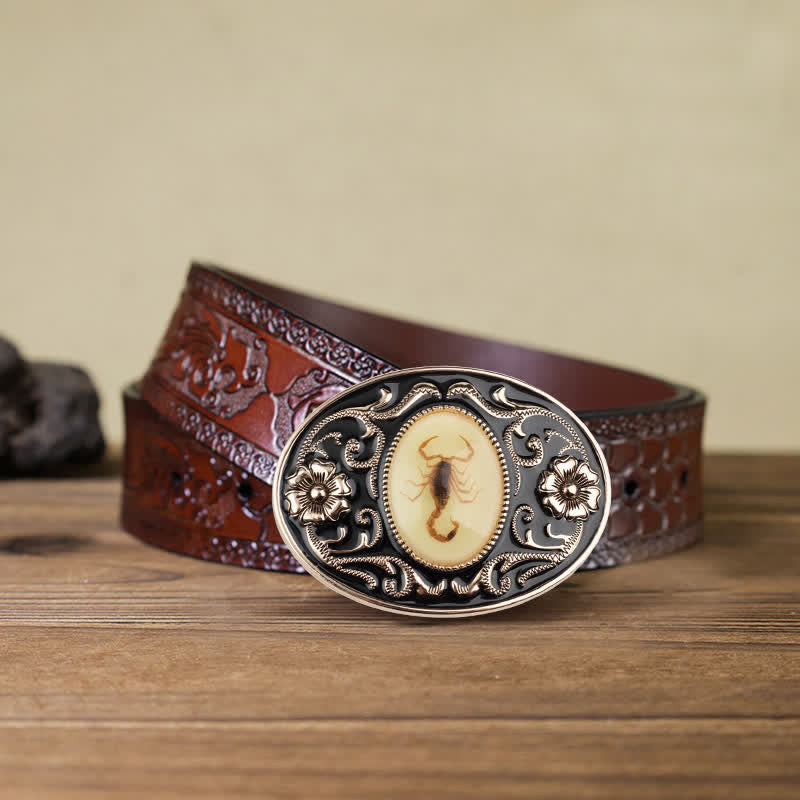 Cinturón de cuero con hebilla de escorpión luminoso y decorativo para hombre hecho a mano