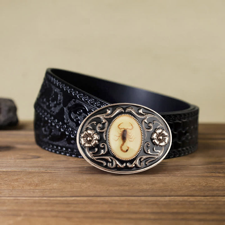 Cinturón de cuero con hebilla de escorpión luminoso y decorativo para hombre hecho a mano