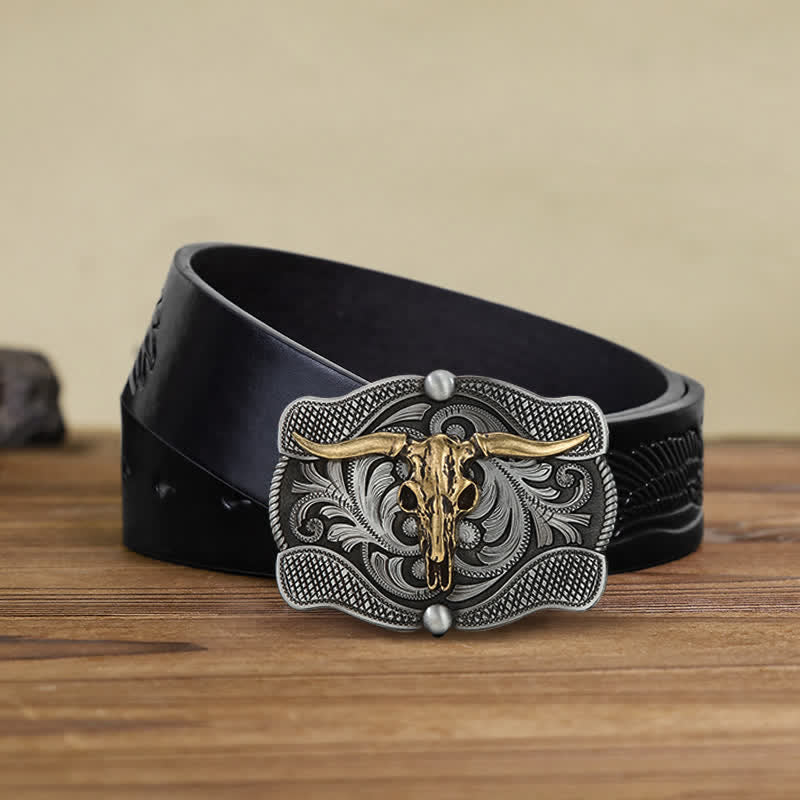 Cinturón de cuero con hebilla de toro Longhorn de Texas para hombre, hecho a mano