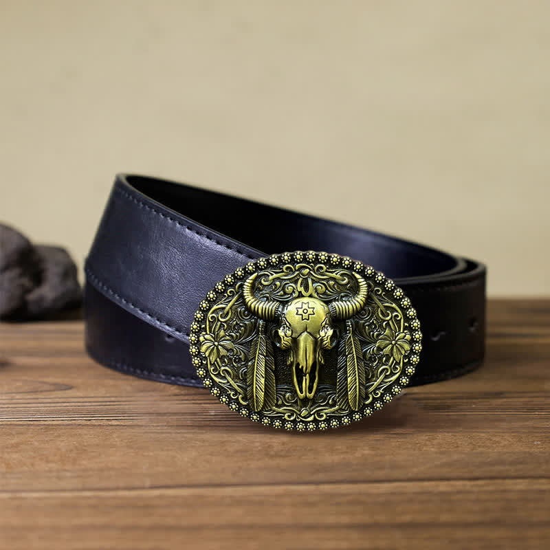 Cinturón de cuero con hebilla decorativa de plumas étnicas de toro para hombre
