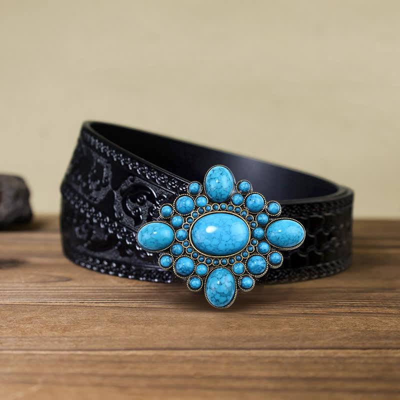 Cinturón de cuero con hebilla en tono bronce turquesa de lujo para hombre hecho a mano