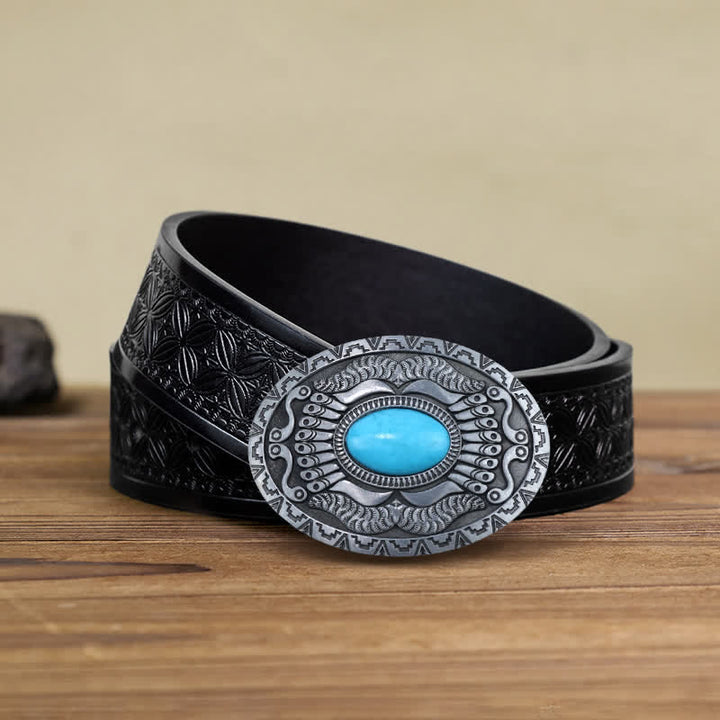 Cinturón de cuero con hebilla turquesa y escudo indio para hombre, hecho a mano