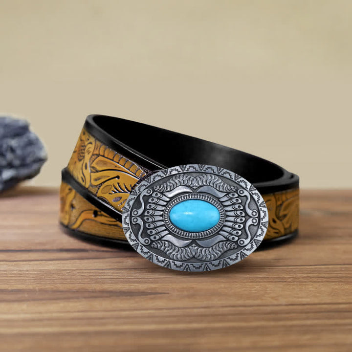 Cinturón de cuero con hebilla turquesa y escudo indio para hombre, hecho a mano