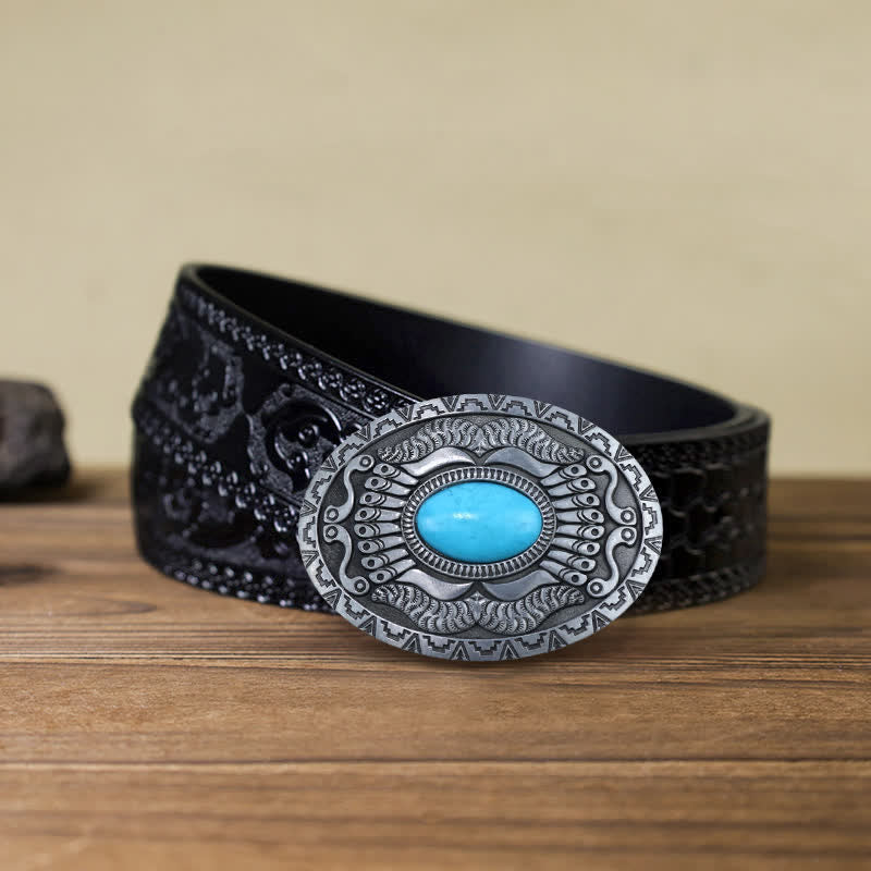 Cinturón de cuero con hebilla turquesa y escudo indio para hombre, hecho a mano