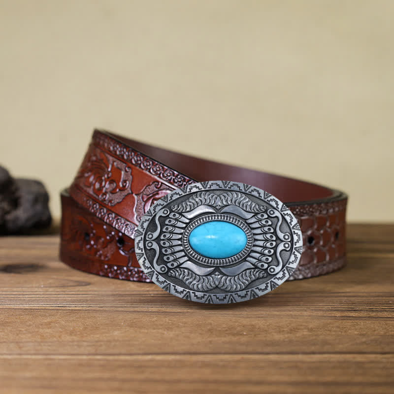 Cinturón de cuero con hebilla turquesa y escudo indio para hombre, hecho a mano