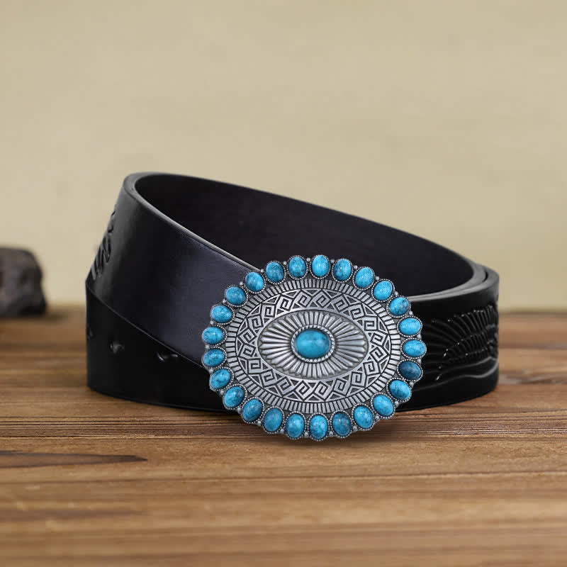 Cinturón de cuero con hebilla turquesa y estilo bohemio ovalado para hombre