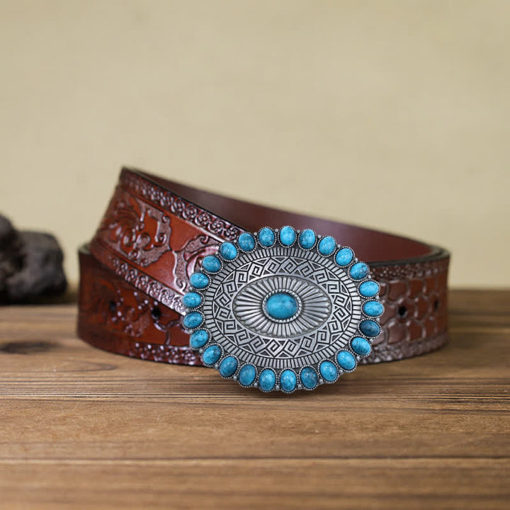 Cinturón de cuero con hebilla turquesa y estilo bohemio ovalado para hombre