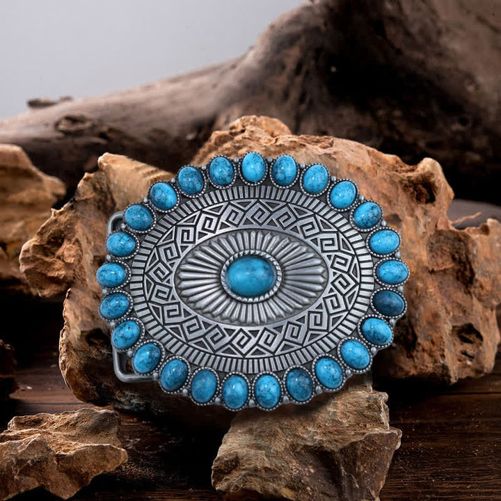 Cinturón de cuero con hebilla turquesa y estilo bohemio ovalado para hombre