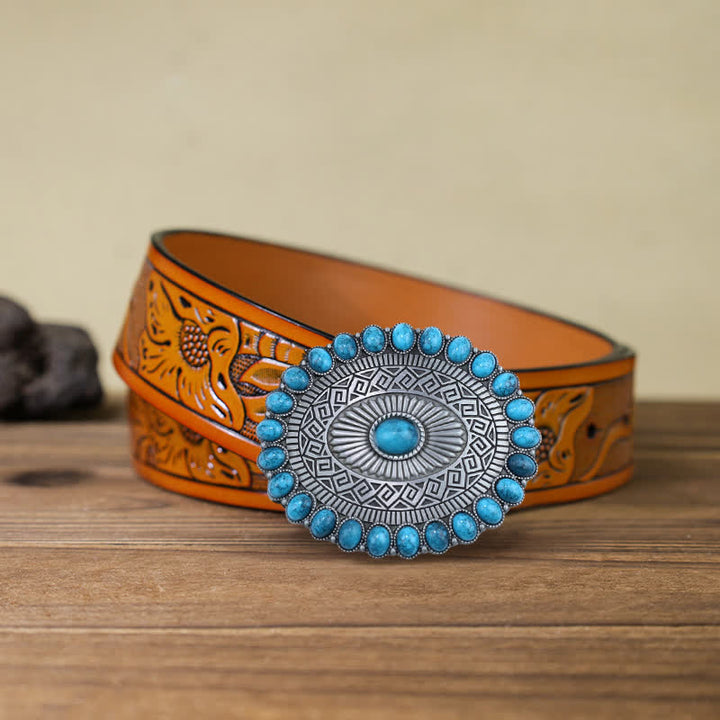 Cinturón de cuero con hebilla turquesa y estilo bohemio ovalado para hombre