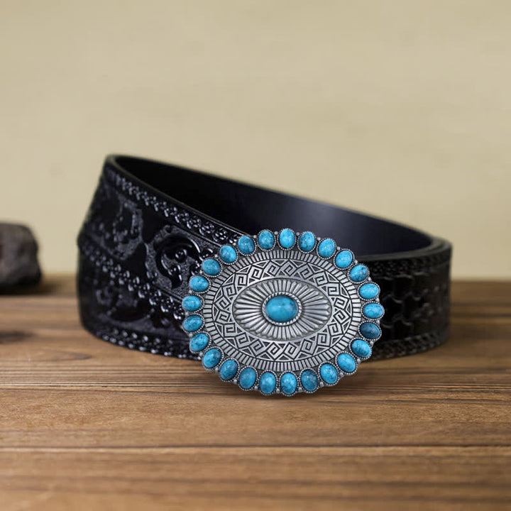 Cinturón de cuero con hebilla turquesa y estilo bohemio ovalado para hombre