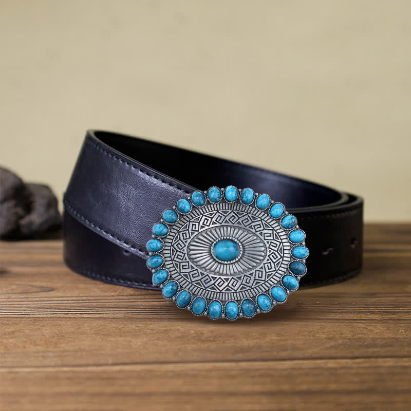Cinturón de cuero con hebilla turquesa y estilo bohemio ovalado para hombre