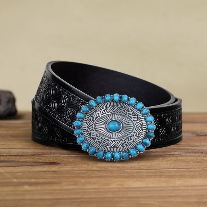 Cinturón de cuero con hebilla turquesa y estilo bohemio ovalado para hombre