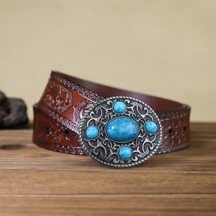Cinturón de cuero con hebilla turquesa de vaquero occidental para hombre hecho a mano