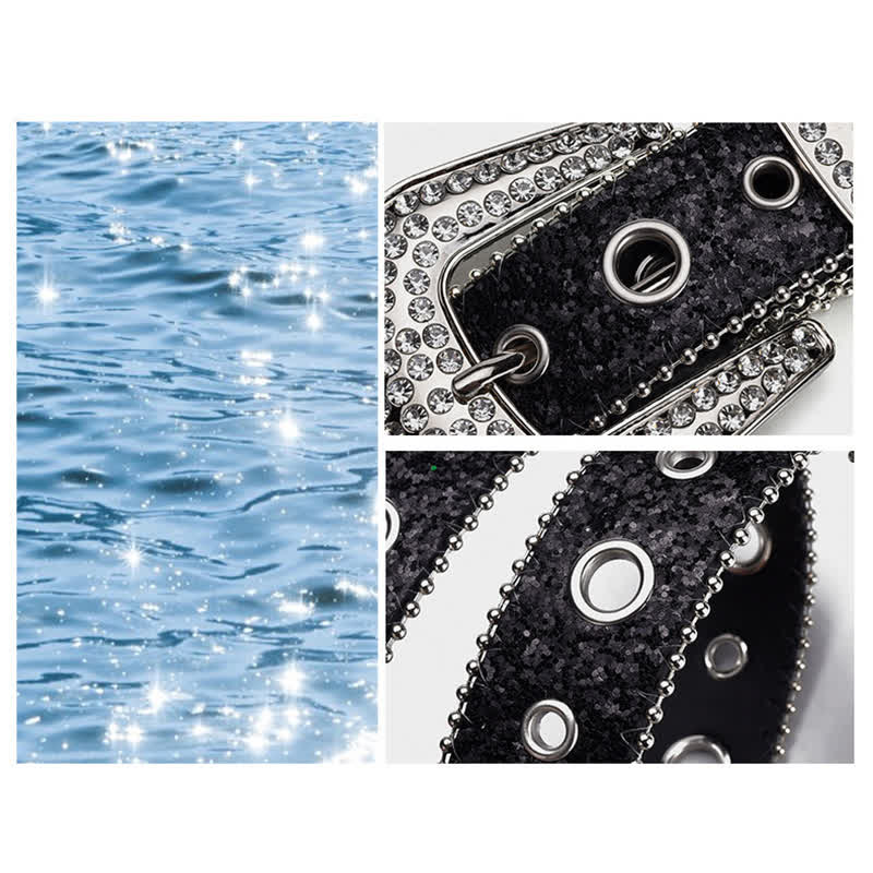 Cinturón de cuero con hebilla de diamantes de imitación y lentejuelas deslumbrantes