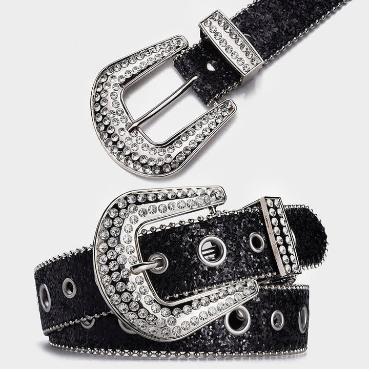 Cinturón de cuero con hebilla de diamantes de imitación y lentejuelas deslumbrantes