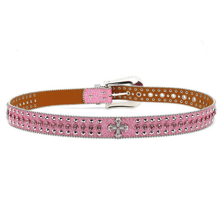 Cinturón de cuero con tachuelas y diamantes de imitación con forma de cruz gótica