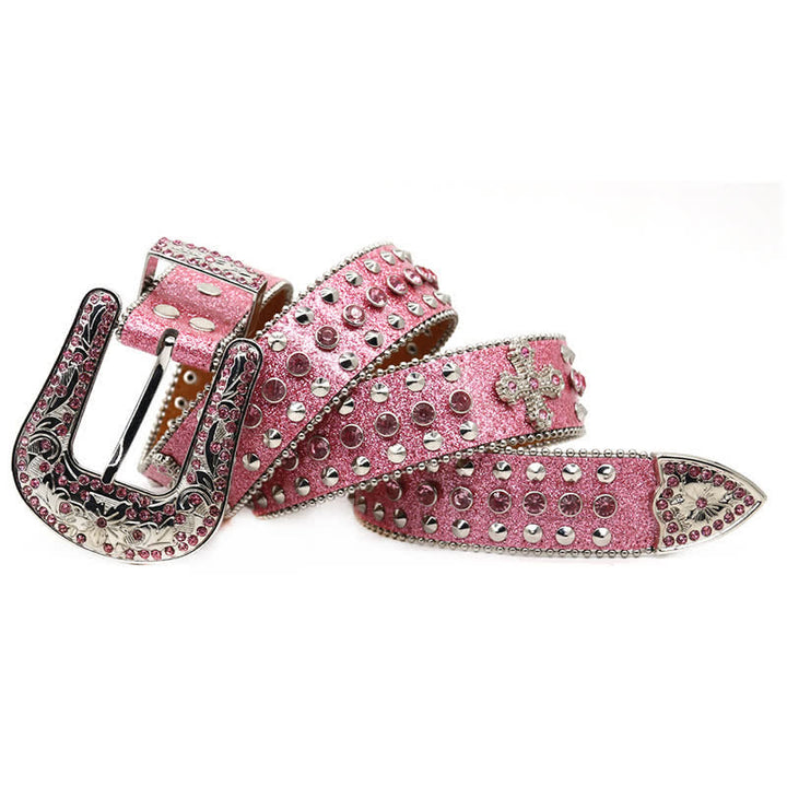 Cinturón de cuero con tachuelas y diamantes de imitación con forma de cruz gótica