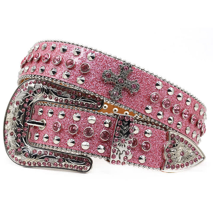 Cinturón de cuero con tachuelas y diamantes de imitación con forma de cruz gótica