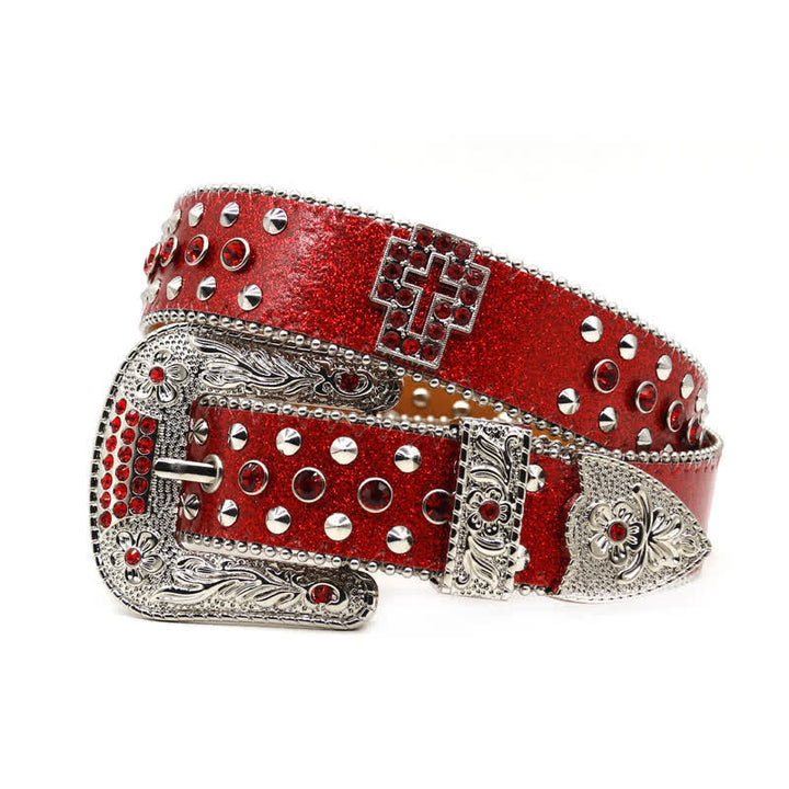 Cinturón de cuero con tachuelas y diamantes de imitación con forma de cruz gótica