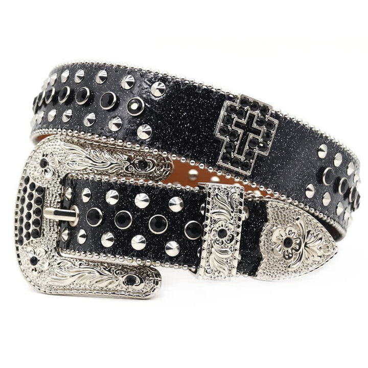Cinturón de cuero con tachuelas y diamantes de imitación con forma de cruz gótica