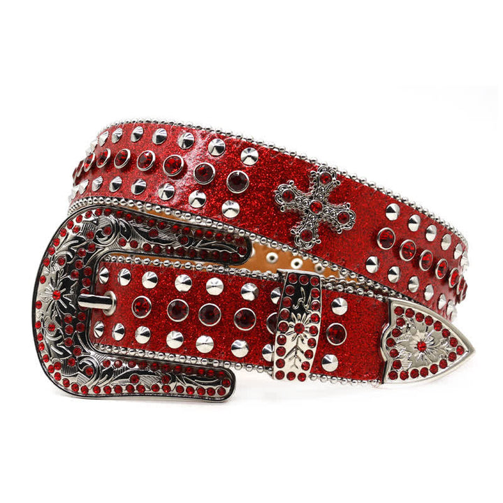 Cinturón de cuero con tachuelas y diamantes de imitación con forma de cruz gótica