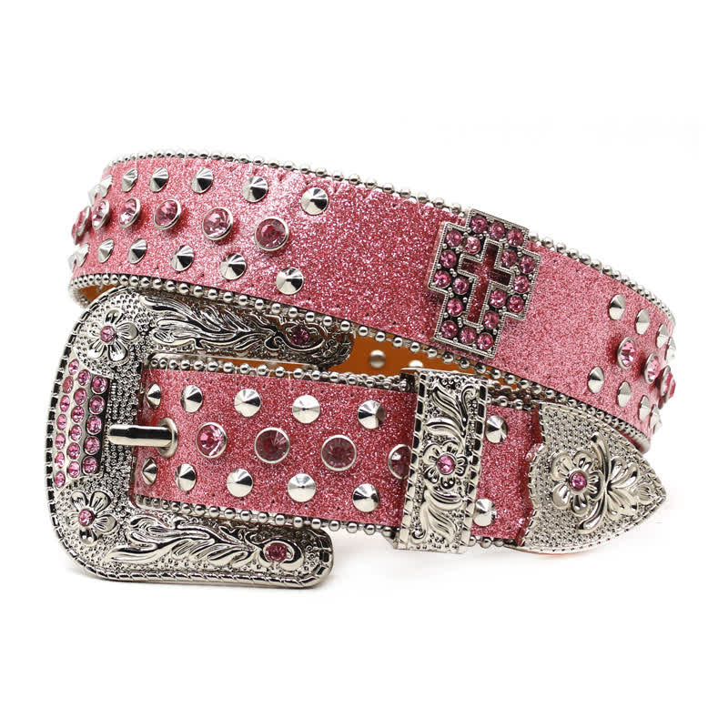 Cinturón de cuero con tachuelas y diamantes de imitación con forma de cruz gótica
