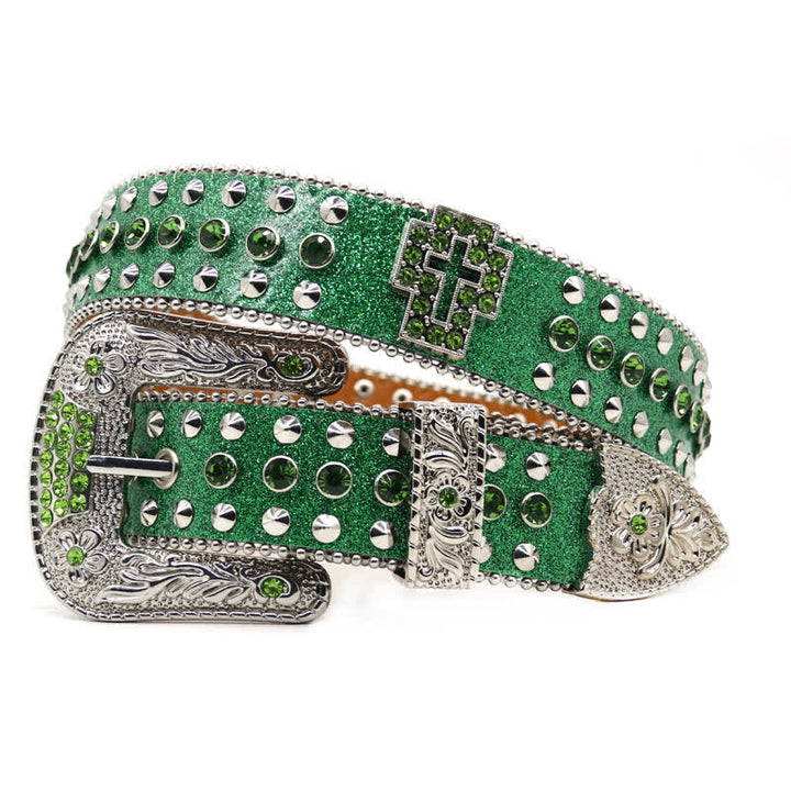 Cinturón de cuero con tachuelas y diamantes de imitación con forma de cruz gótica