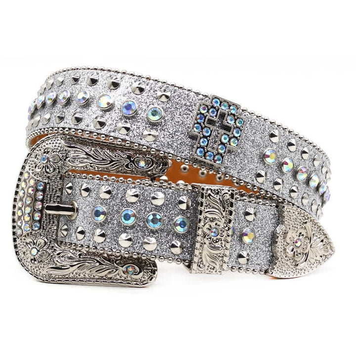 Cinturón de cuero con tachuelas y diamantes de imitación con forma de cruz gótica