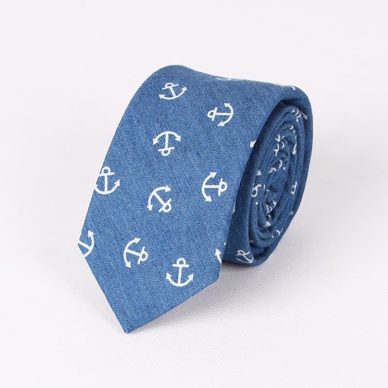 Corbata de algodón con estampado de calavera y espina de pez azul estilo británico para hombre