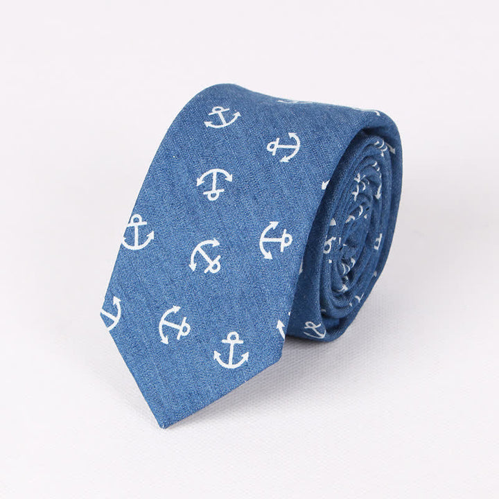 Corbata de algodón con estampado de calavera y espina de pez azul estilo británico para hombre