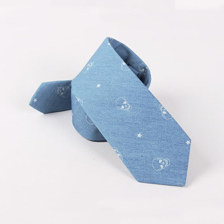 Corbata de algodón con estampado de calavera y espina de pez azul estilo británico para hombre