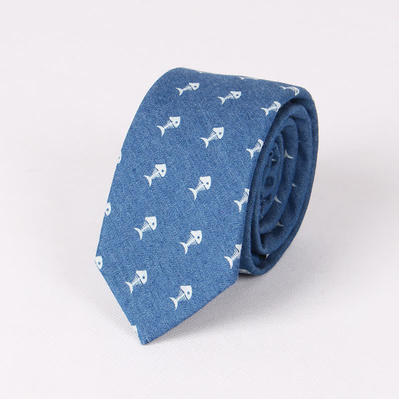 Corbata de algodón con estampado de calavera y espina de pez azul estilo británico para hombre