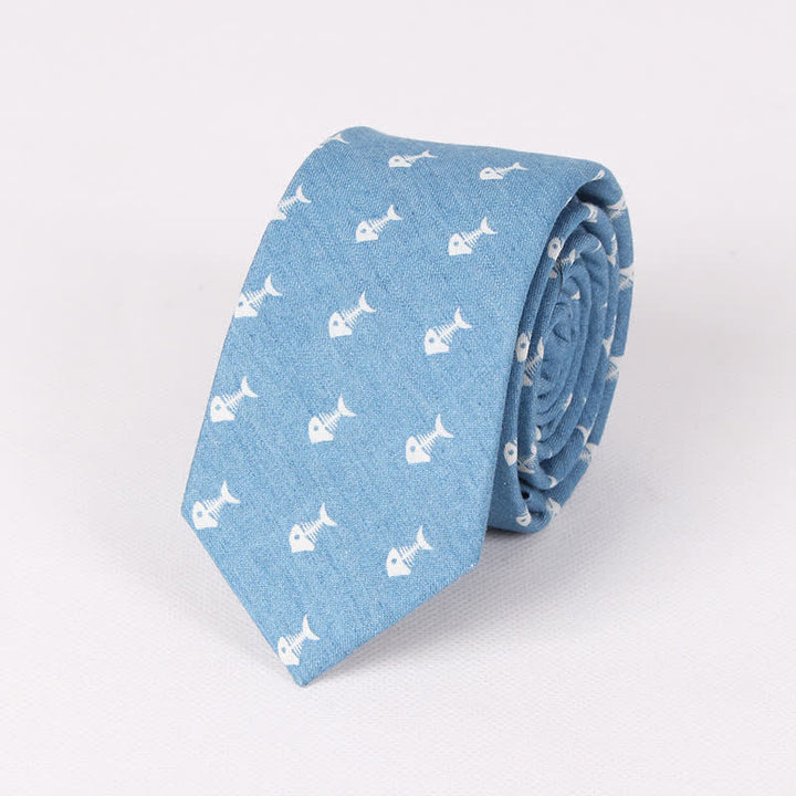 Corbata de algodón con estampado de calavera y espina de pez azul estilo británico para hombre