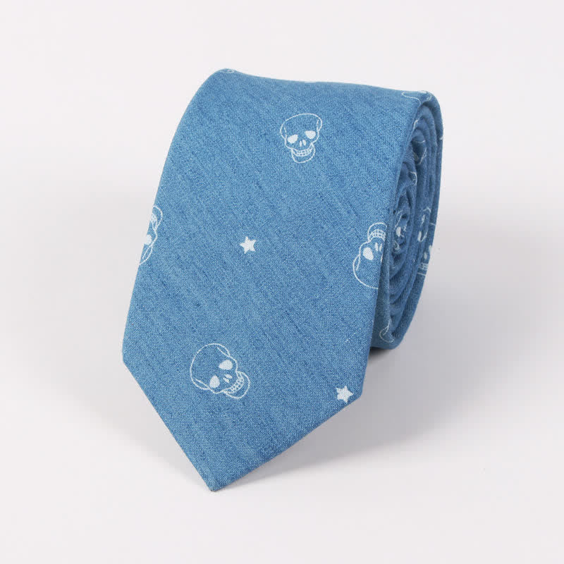 Corbata de algodón con estampado de calavera y espina de pez azul estilo británico para hombre
