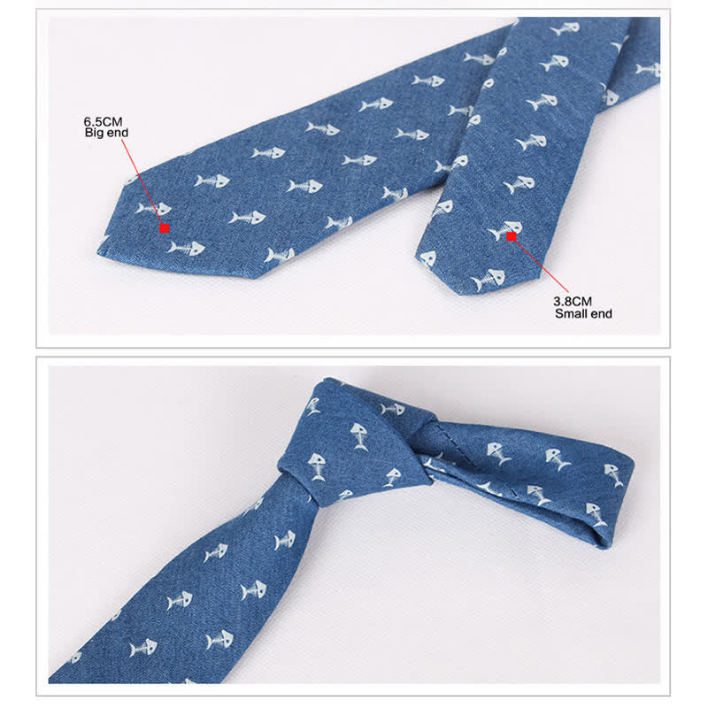Corbata de algodón con estampado de calavera y espina de pez azul estilo británico para hombre