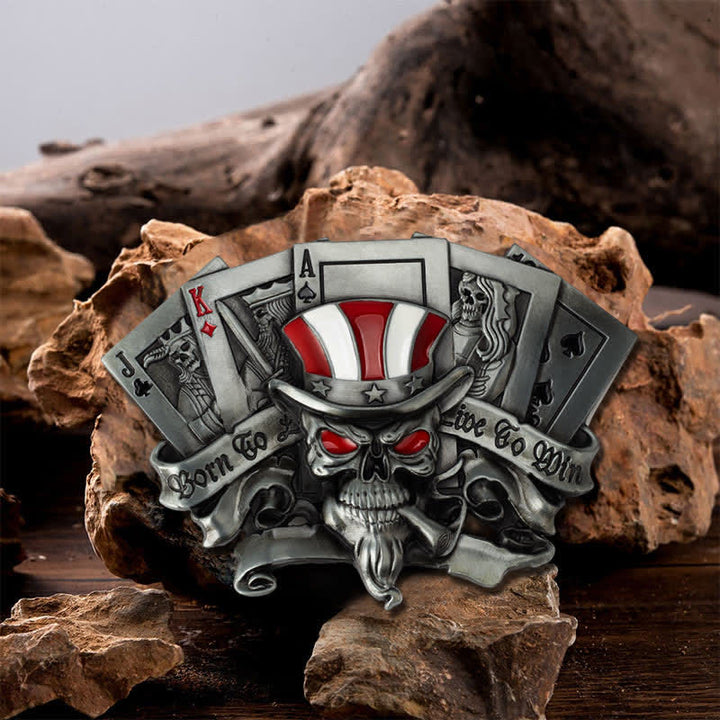 Cinturón de cuero con hebilla de calavera de póquer Live To Win para hombre