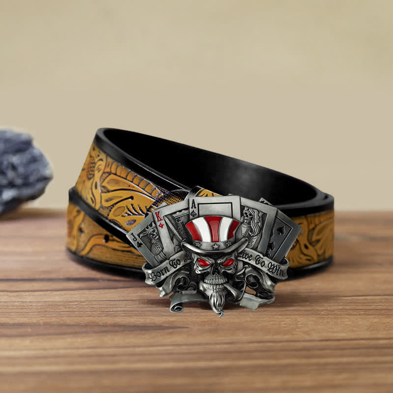 Cinturón de cuero con hebilla de calavera de póquer Live To Win para hombre
