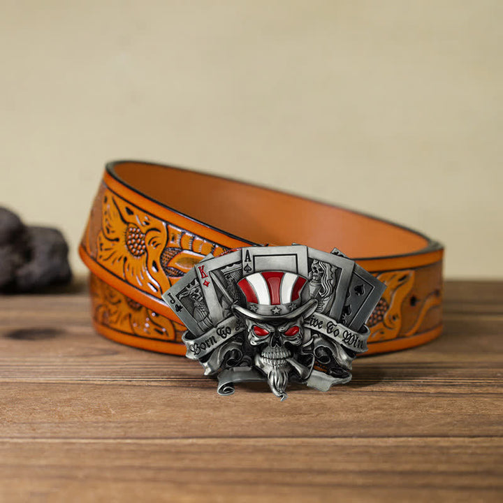 Cinturón de cuero con hebilla de calavera de póquer Live To Win para hombre
