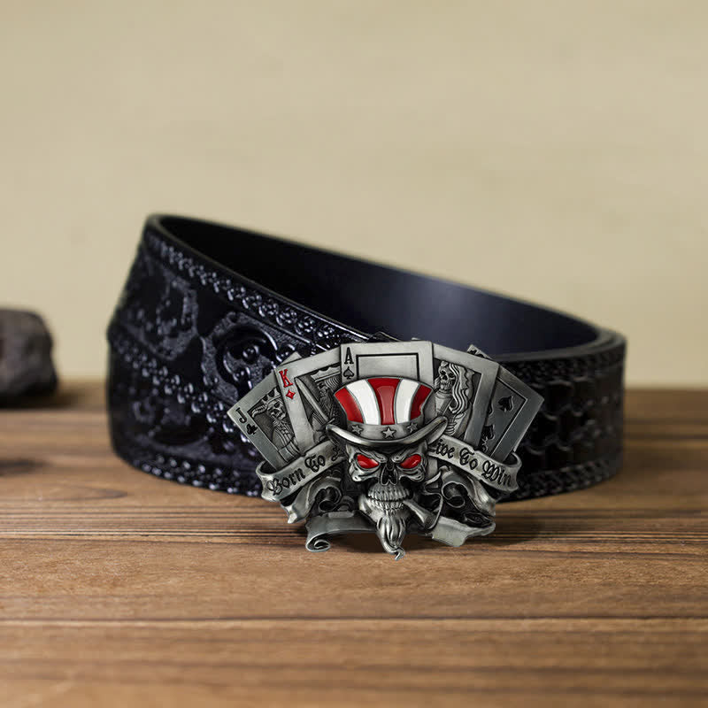 Cinturón de cuero con hebilla de calavera de póquer Live To Win para hombre