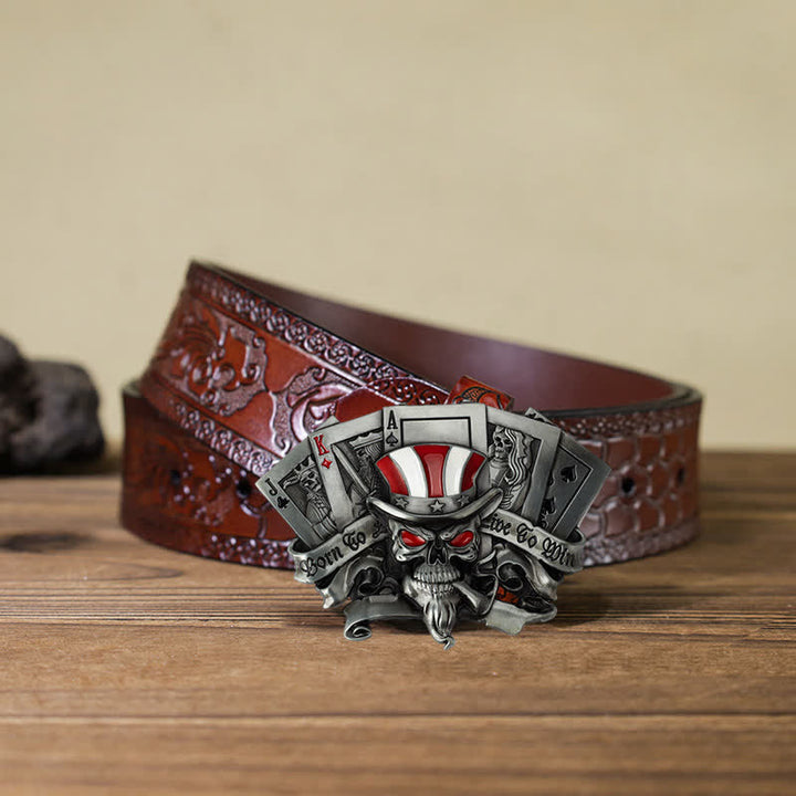 Cinturón de cuero con hebilla de calavera de póquer Live To Win para hombre
