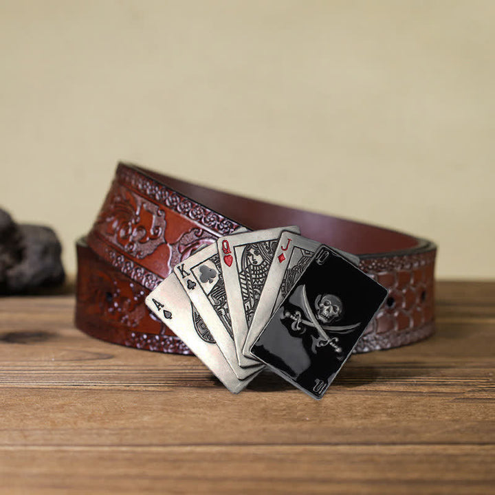 Cinturón de cuero con hebilla de póquer y calavera pirata para hombre, hecho a mano