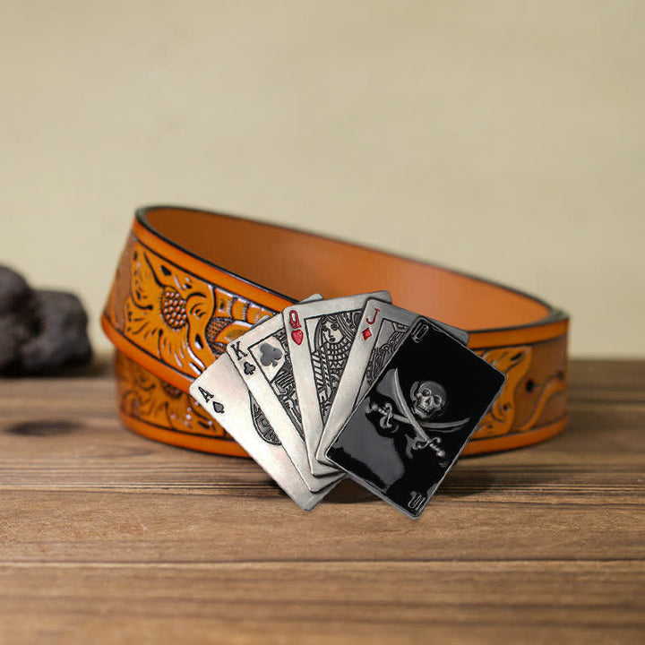 Cinturón de cuero con hebilla de póquer y calavera pirata para hombre, hecho a mano