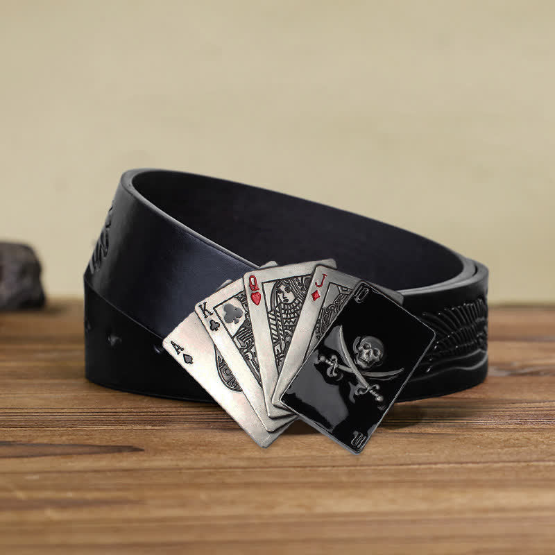 Cinturón de cuero con hebilla de póquer y calavera pirata para hombre, hecho a mano
