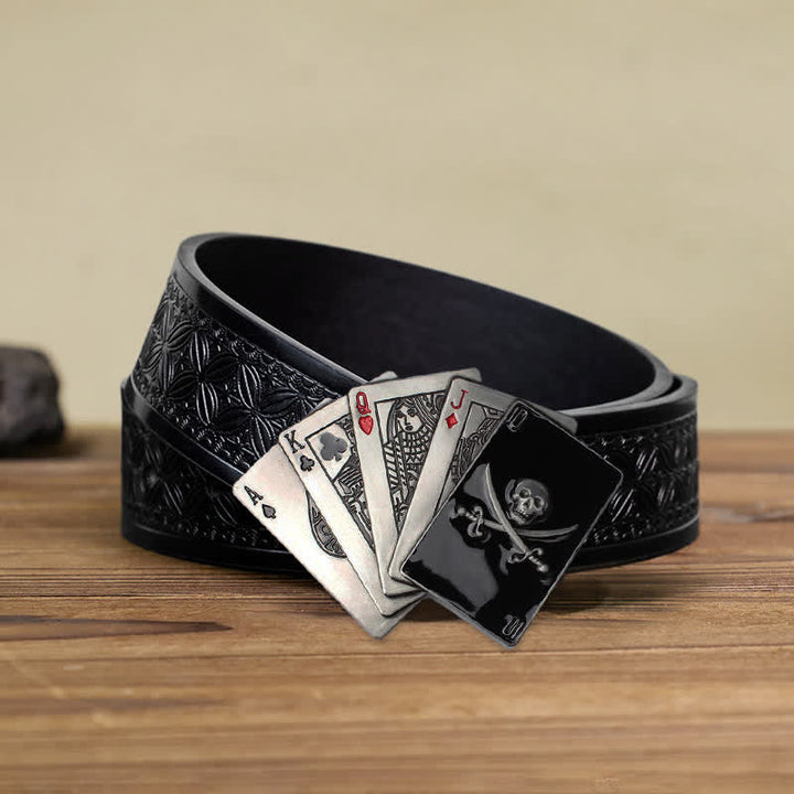 Cinturón de cuero con hebilla de póquer y calavera pirata para hombre, hecho a mano