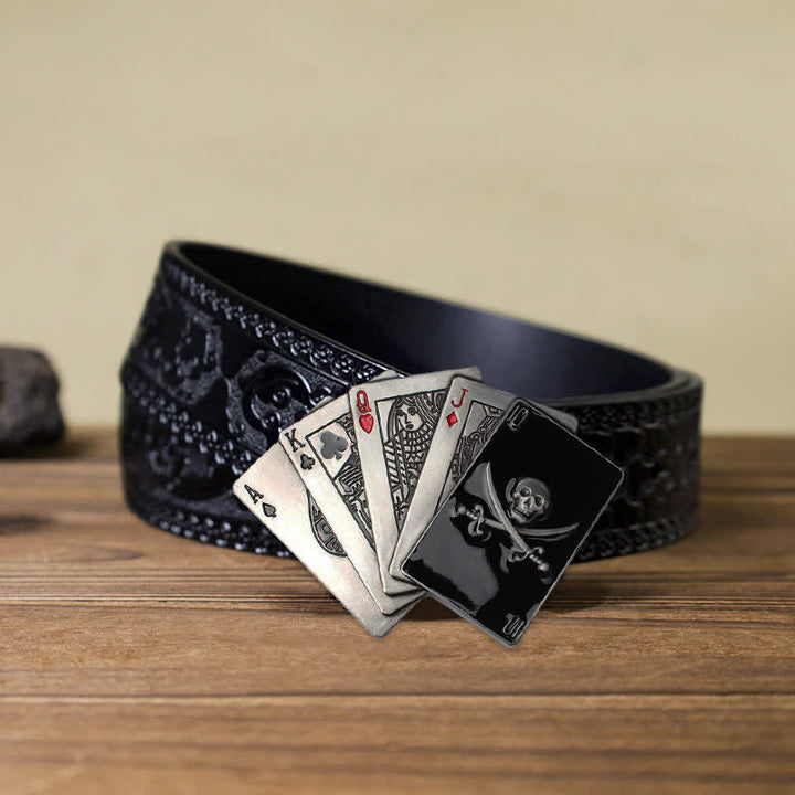 Cinturón de cuero con hebilla de póquer y calavera pirata para hombre, hecho a mano
