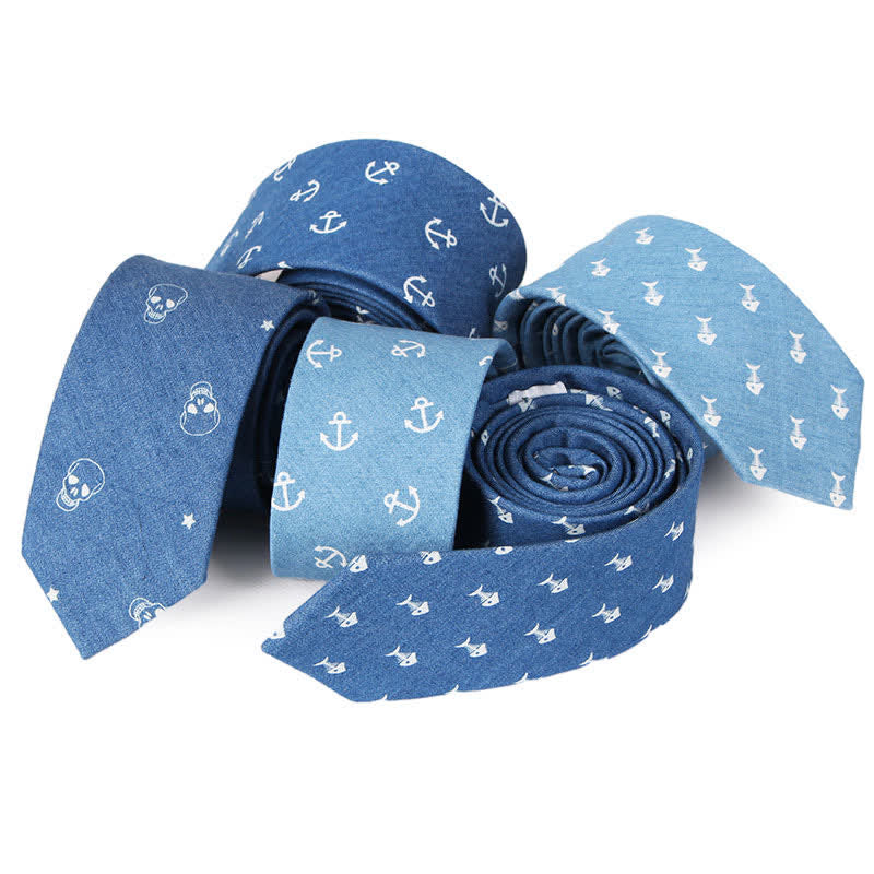 Corbata de algodón con estampado de calavera y espina de pez azul estilo británico para hombre