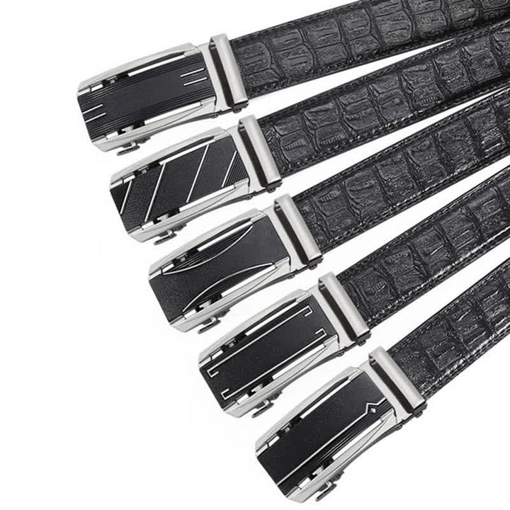 Cinturón de piel con hebilla automática y estampado de cocodrilo en color negro y plateado para hombre